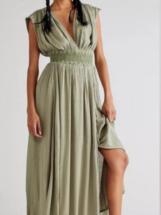 Free People Dresses & Skirts - Free People Devon Midi Maxi Smocked Sage Green Dress Size L *tiny hole on back